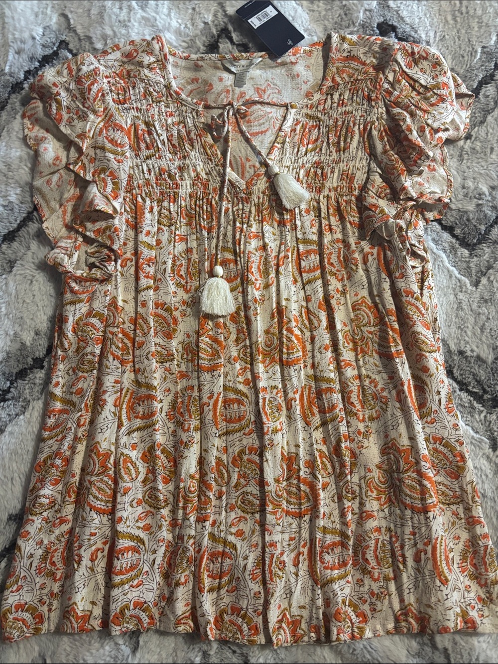 Lucky Brand Cream Blouse with Orange and Olive Paisley Print